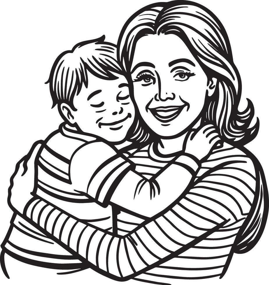 mother and son silhouette black and white illustration vector