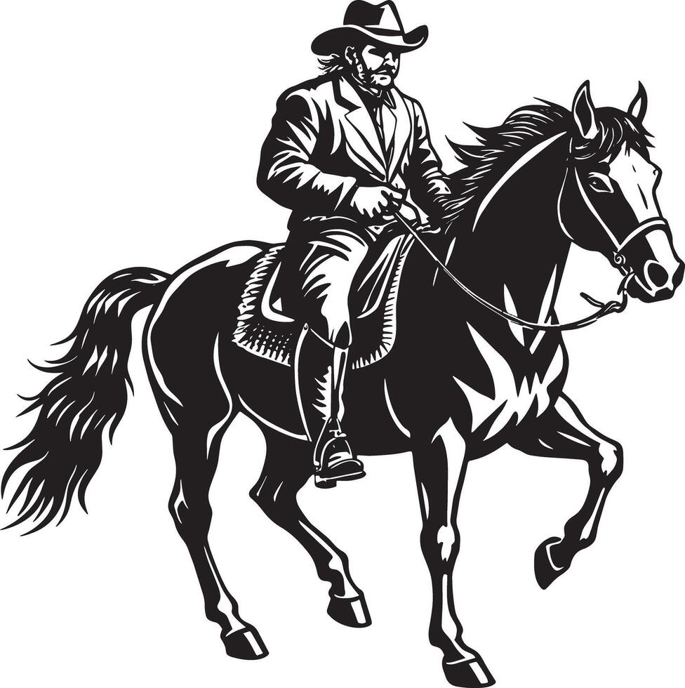 a black and white image of a cowboy on a horse. black and white illustration vector