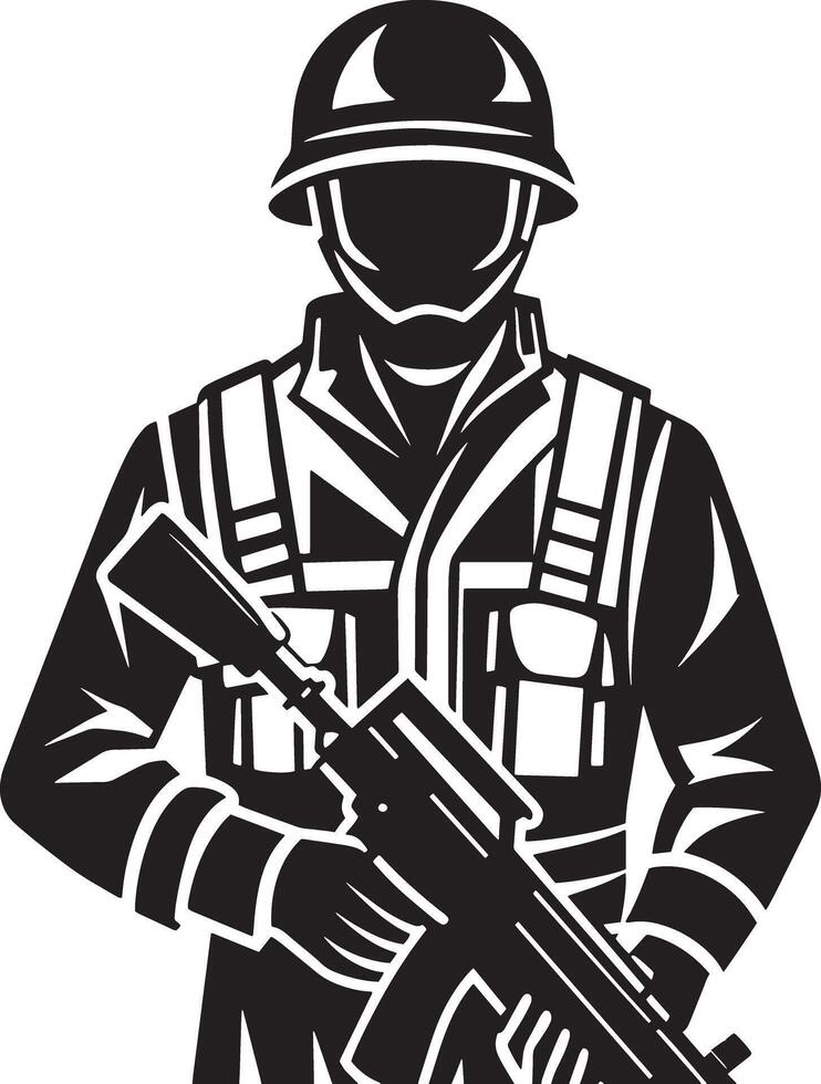illustration of a soldier with rifle black and white vector
