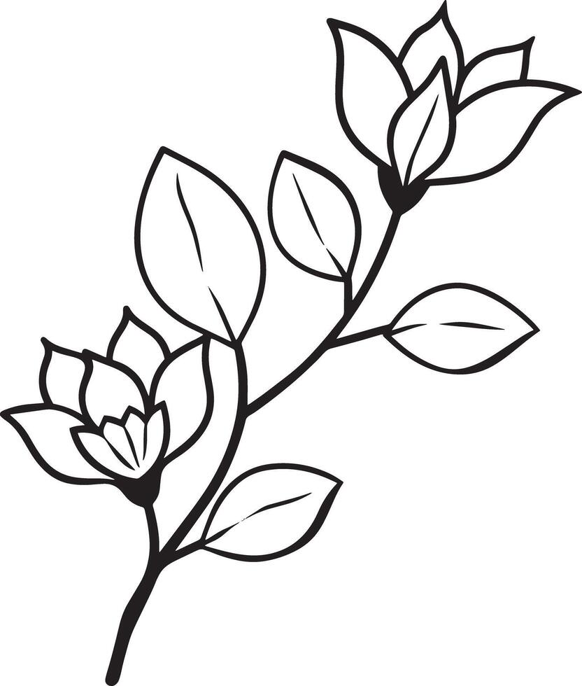 Minimal blooming floral branch silhouette illustration white background vector