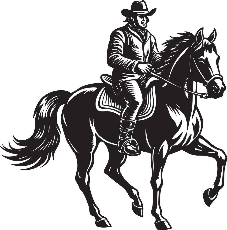 a black and white image of a cowboy on a horse. black and white illustration vector