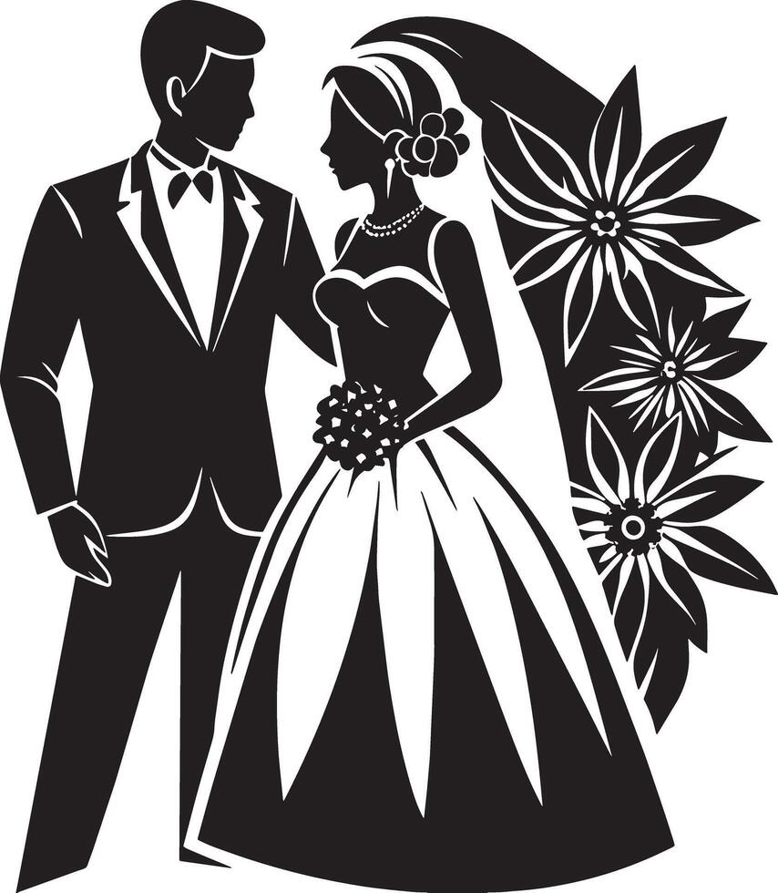 silhouette of bride and groom black and white illustration vector