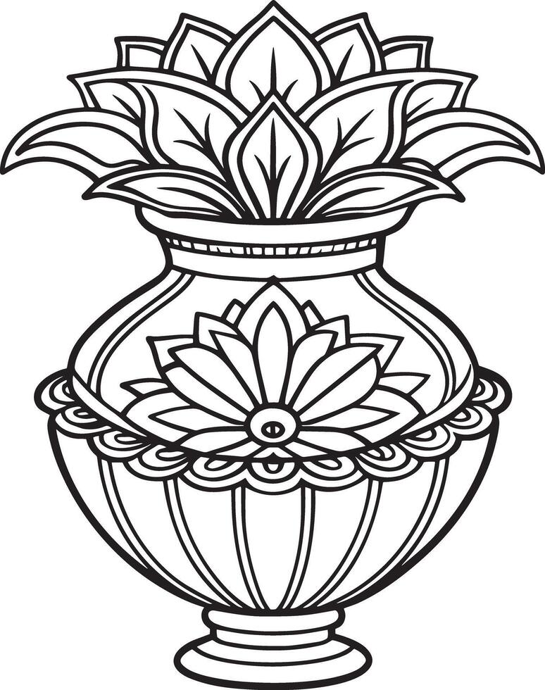 Decorative vase with flowers black and white illustration vector