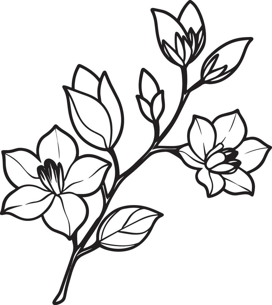 Minimal blooming floral branch silhouette illustration white background vector