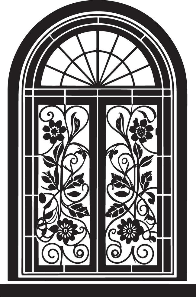 decorative window with flowers black and white illustration vector