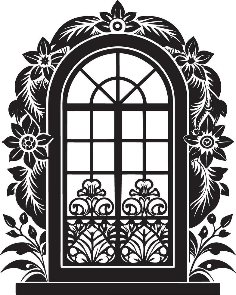 Decorative window in the house illustration black and white vector