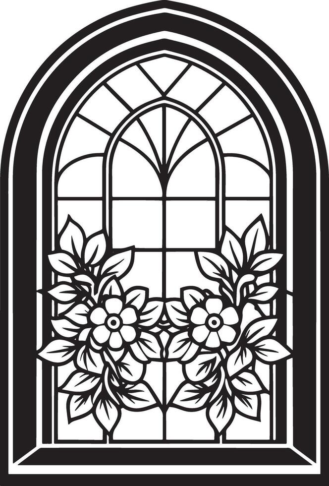 decorative window with flowers black and white illustration vector