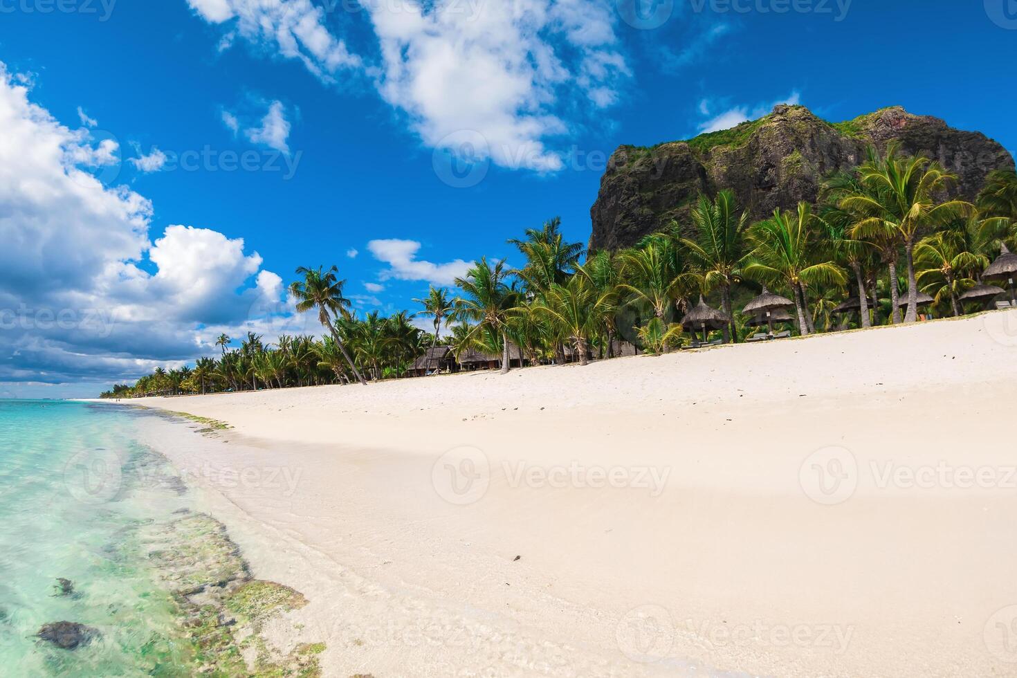 Beautiful view of tropical resort on Mauritius. Sand, palms, mountain and sky photo