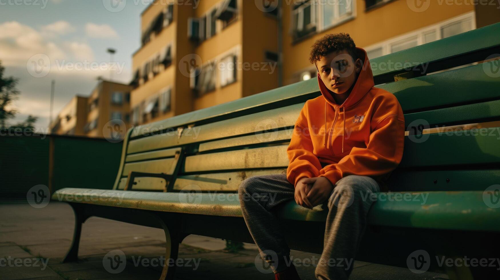 Teenage boy sitting on a bench photo