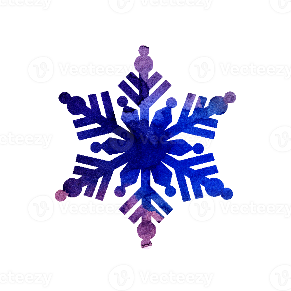 Watercolor painting lilac blue silhouette of a snowflake. Merry Christmas and Happy New Year. Winter illustration for design. Isolated png