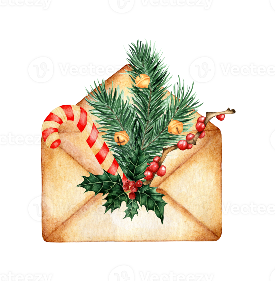 Watercolor painting postal envelope with green fir branches, holly, lollipop and bells. Christmas illustrations for New Years celebration, greeting cards, invitations, calendars. Isolated png