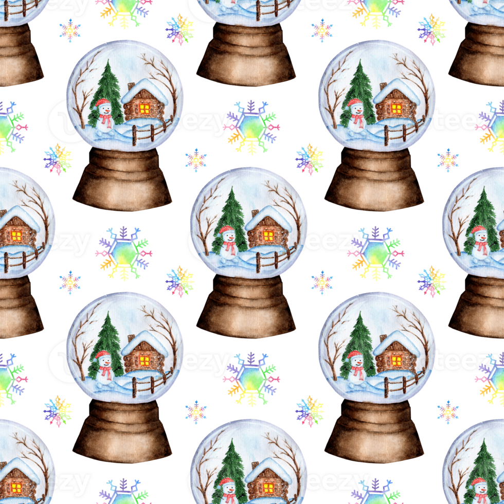 Watercolor painting snow globe with a house, a forest and a snowman inside. Seamless repeating holiday print Christmas, New Year. Winter's Tale. Isolated. Drawn by hand. png
