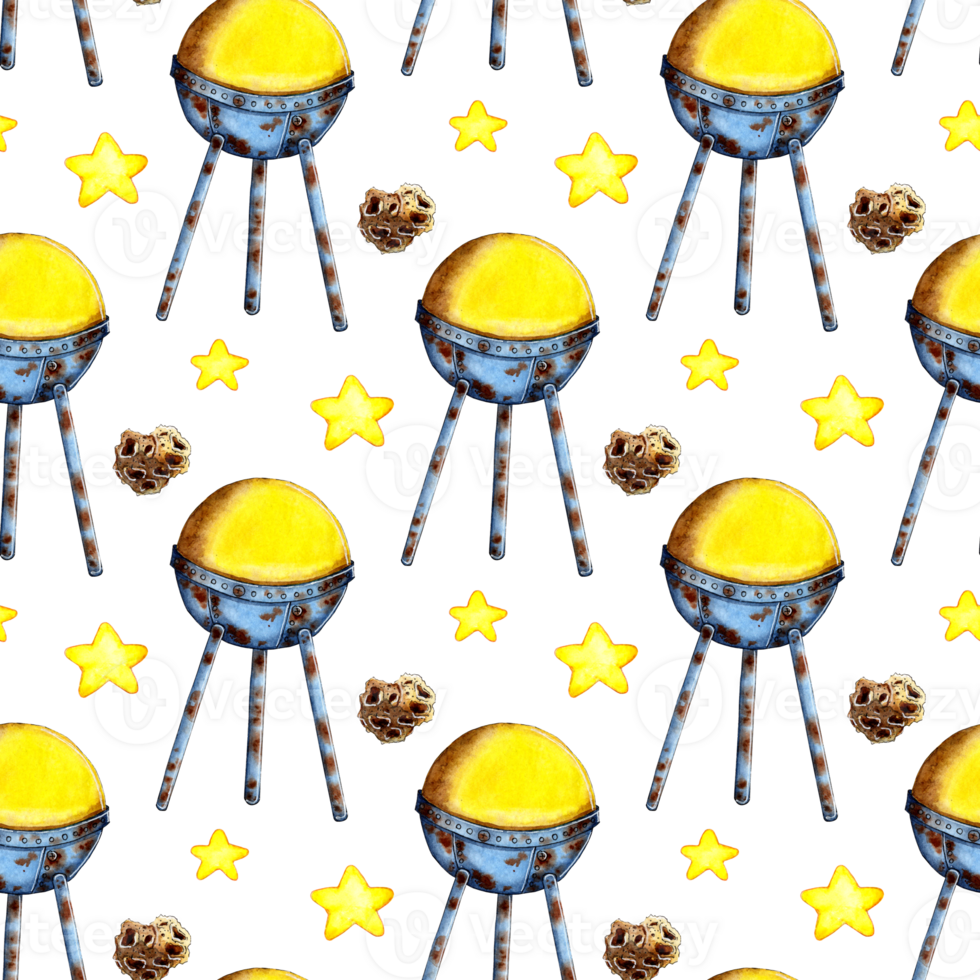 Watercolor painting pattern of satellite, stars and meteorite. Space exploration, space travel, signal transmission. Childish style background. Illustration for textile, fabric, wallpaper, web design. png