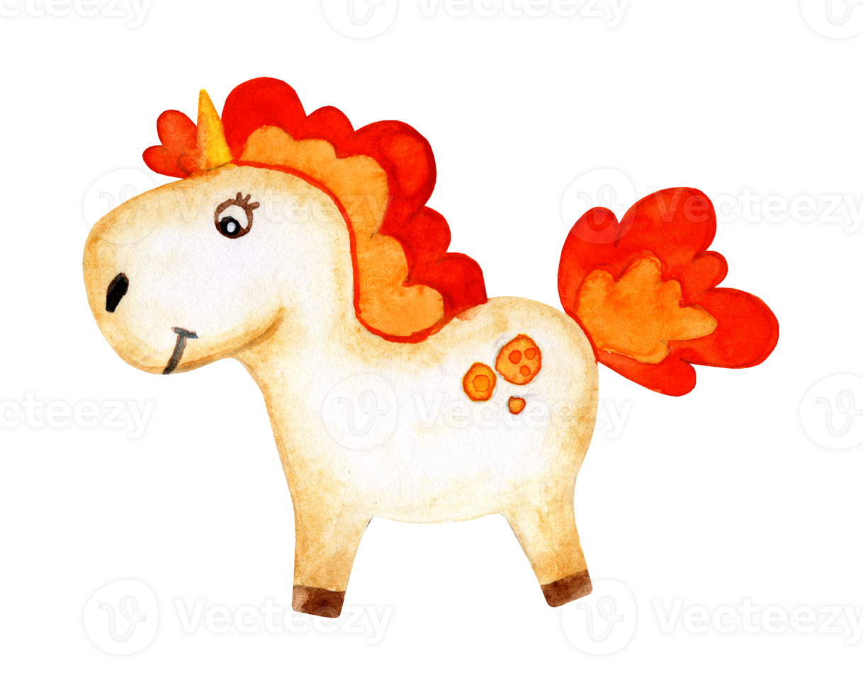 Watercolor painting of a little pony with a red mane. Fabulous unicorn doodle print. Horse for postcards, design, decor, packaging, fabric. Isolated. Drawn by hand. png
