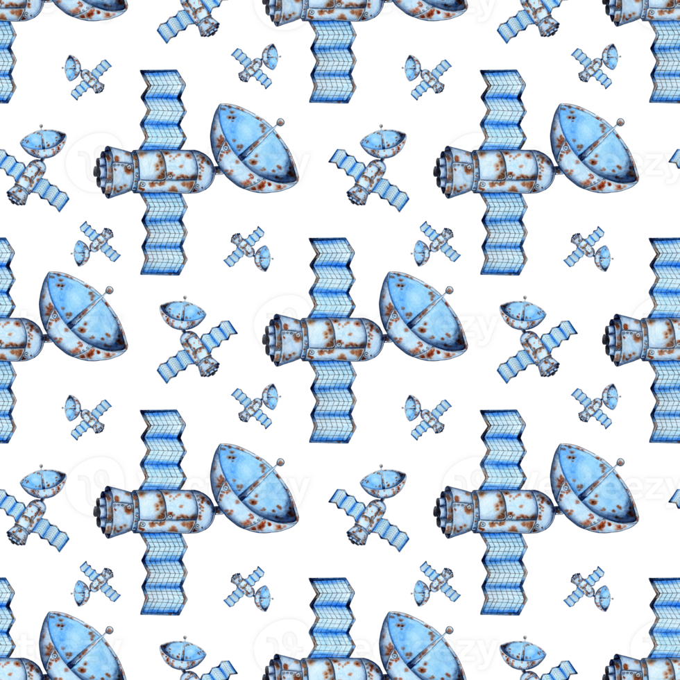 Large companion watercolor painting pattern. Space exploration, space travel, signal transmission. Childish style background. Illustration for textile, fabric, wallpaper, web design. Isolated png