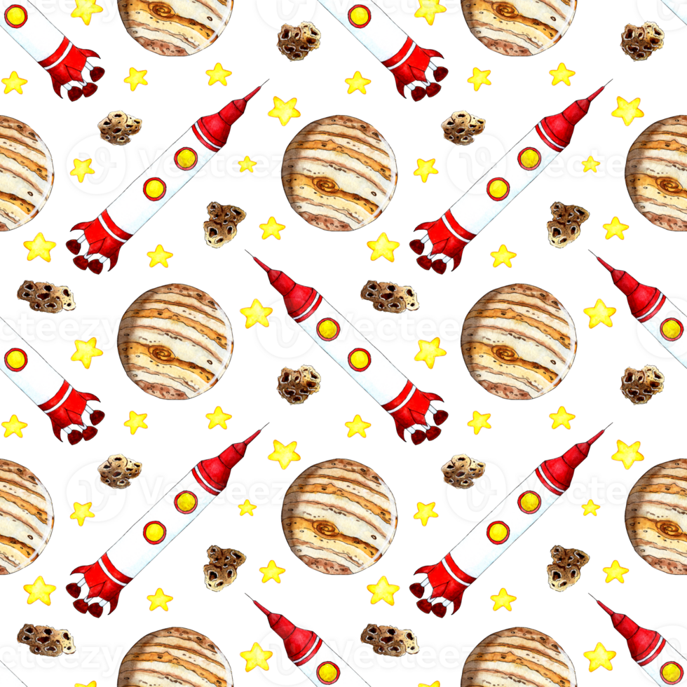 Watercolor white rocket, stars and planets pattern. Space exploration, space travel, signal transmission. Childish style background. Illustration for textile, fabric, wallpaper, web design. png