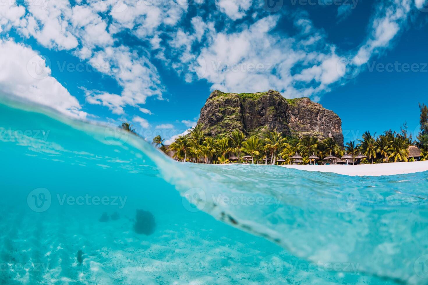 Tropical transparent ocean with Le Morne mountain and luxury beach in Mauritius photo