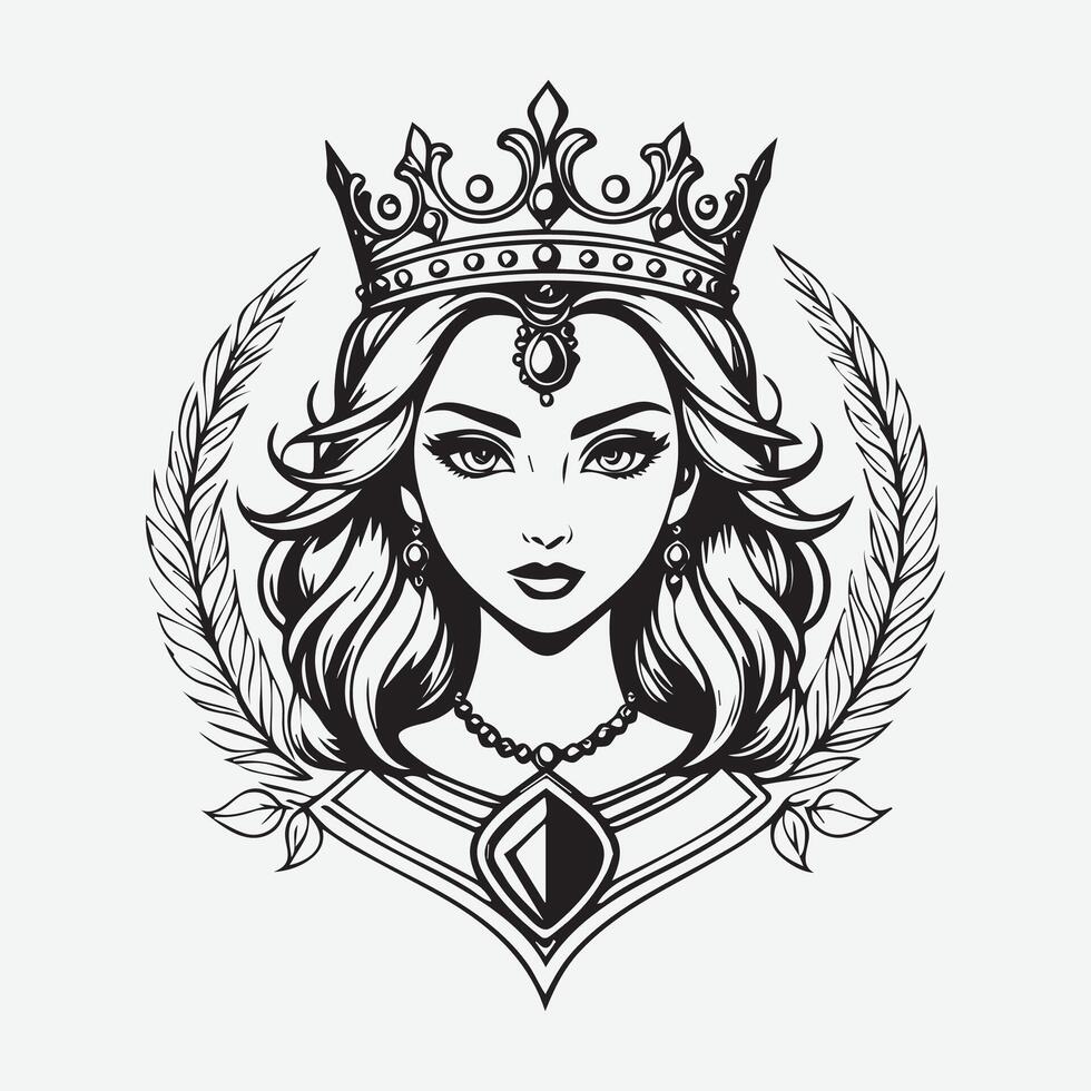 mascot logo Majestic queen Outline black color in white background vector