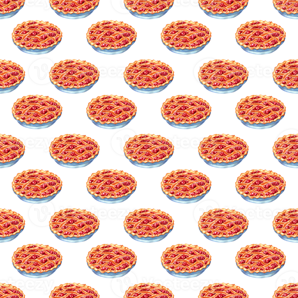Watercolor painting pattern cherry pie. A festive treat. Seamless repeating sweets print. Time for tea. Isolated. Drawn by hand. png