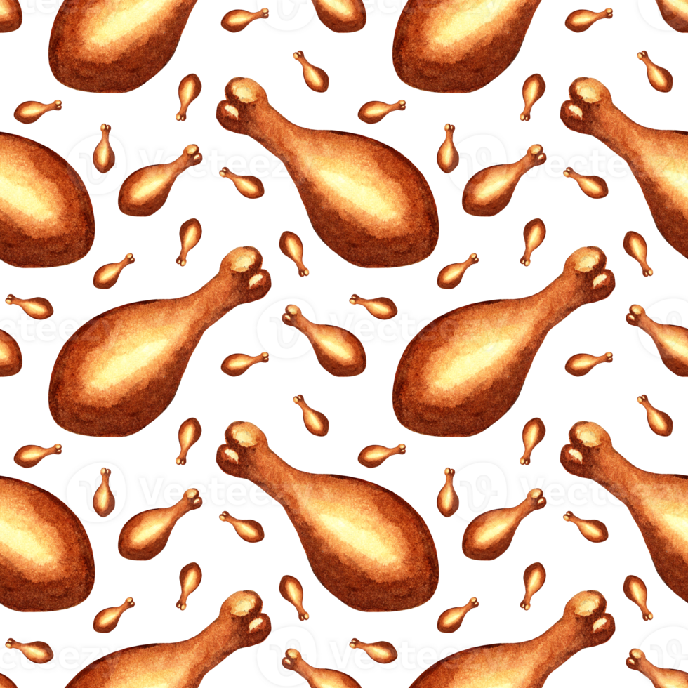 Watercolor painting pattern of fried chicken legs. Thanksgiving autumn background with roasted turkeys. Seamless repeating holiday print. Isolated. Drawn by hand. png