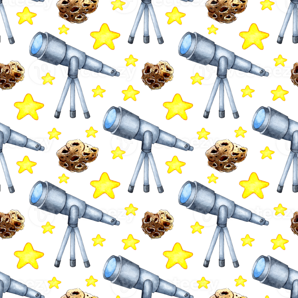 Watercolor painting seamless pattern with a telescope on a tripod for observing space, stars and planets of the solar system. Ornament for decoration and printing on fabric. Design element. Isolated png