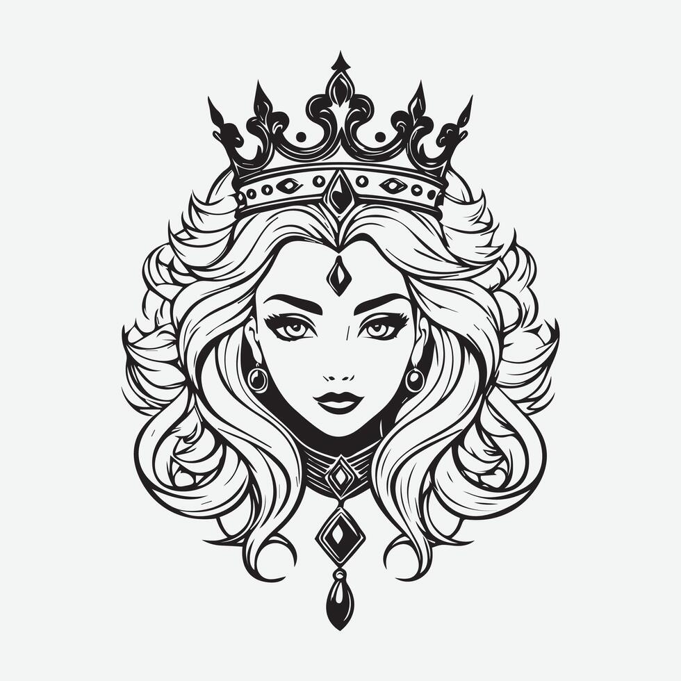 mascot logo Majestic queen Outline black color in white background vector