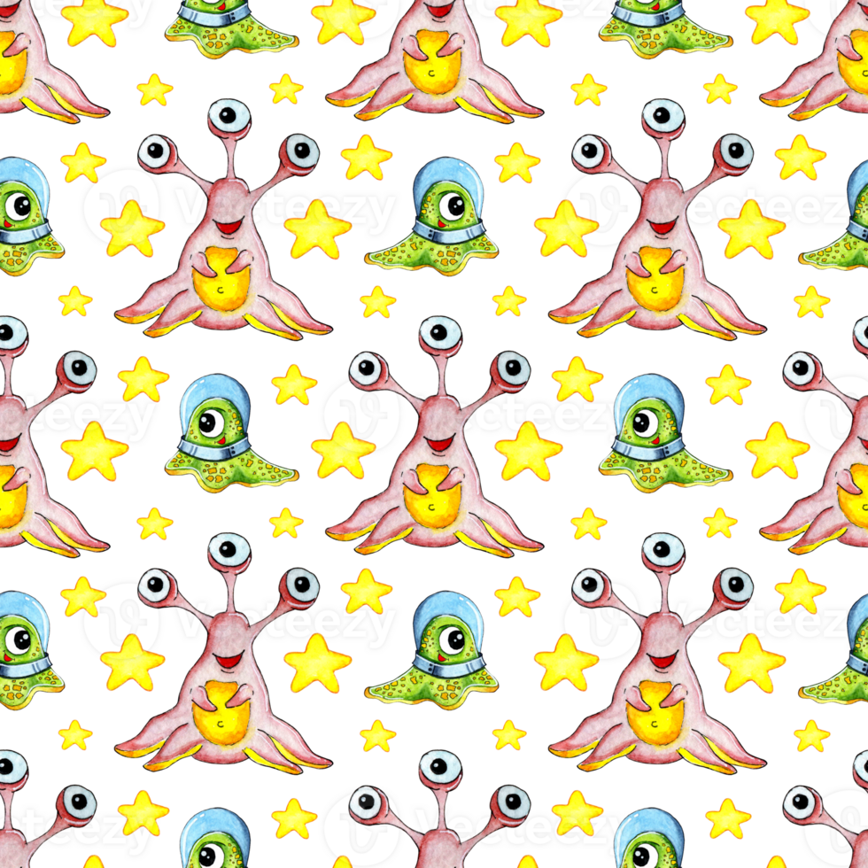 Seamless watercolor painting of aliens and stars. Hand drawn background doodle cosmic pattern. Cute green and pink humanoids. Garment print, design, wrapping paper. Isolated png
