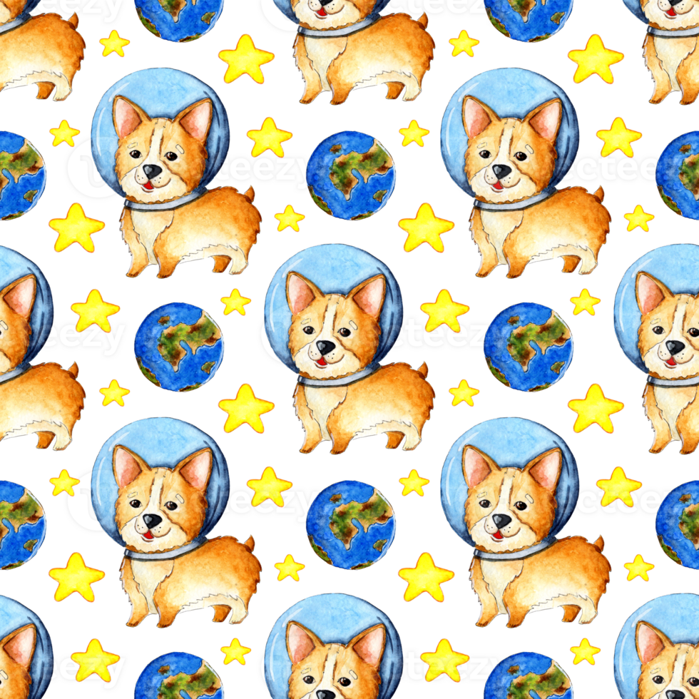 Watercolor illustrations of corgi pattern in space, planets and stars. Seamless repeating pattern of astronaut dogs. Puppy in a spacesuit. Isolated. Drawn by hand. png