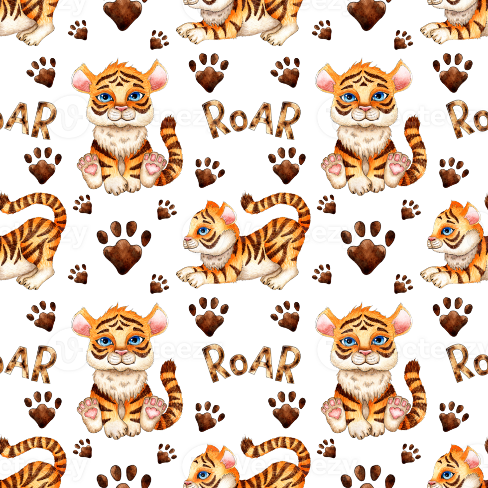 Watercolor painting pattern with cartoon tiger cubs, paw prints and the inscription roar. The symbol of the Chinese New Year, Christmas. Winter childrens illustration. Isolated png
