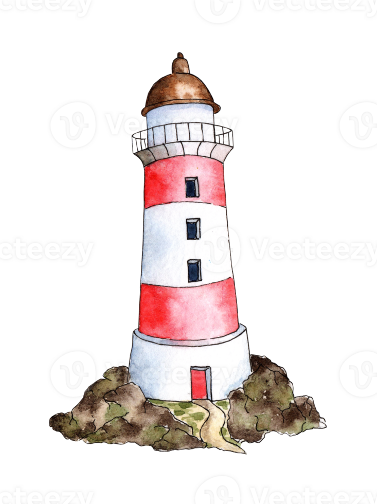 Watercolor illustration of a lighthouse with red and white stripes stands on the rocks. Guide for sailors, assistance in sailing. Isolated. Drawn by hand. png