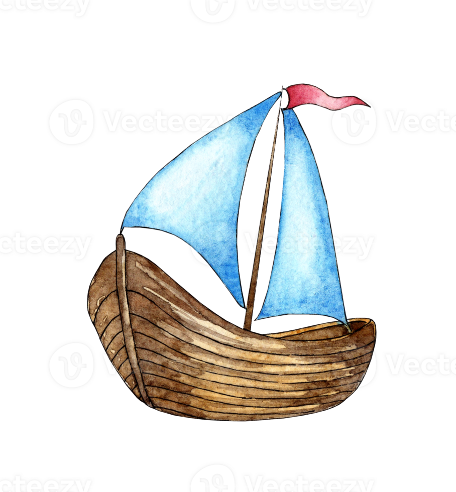 Watercolor illustration of a white sailing ship with a red flag. Sea voyage by boat, summer vacation and sailing regatta marine image. Isolated. Drawn by hand. png