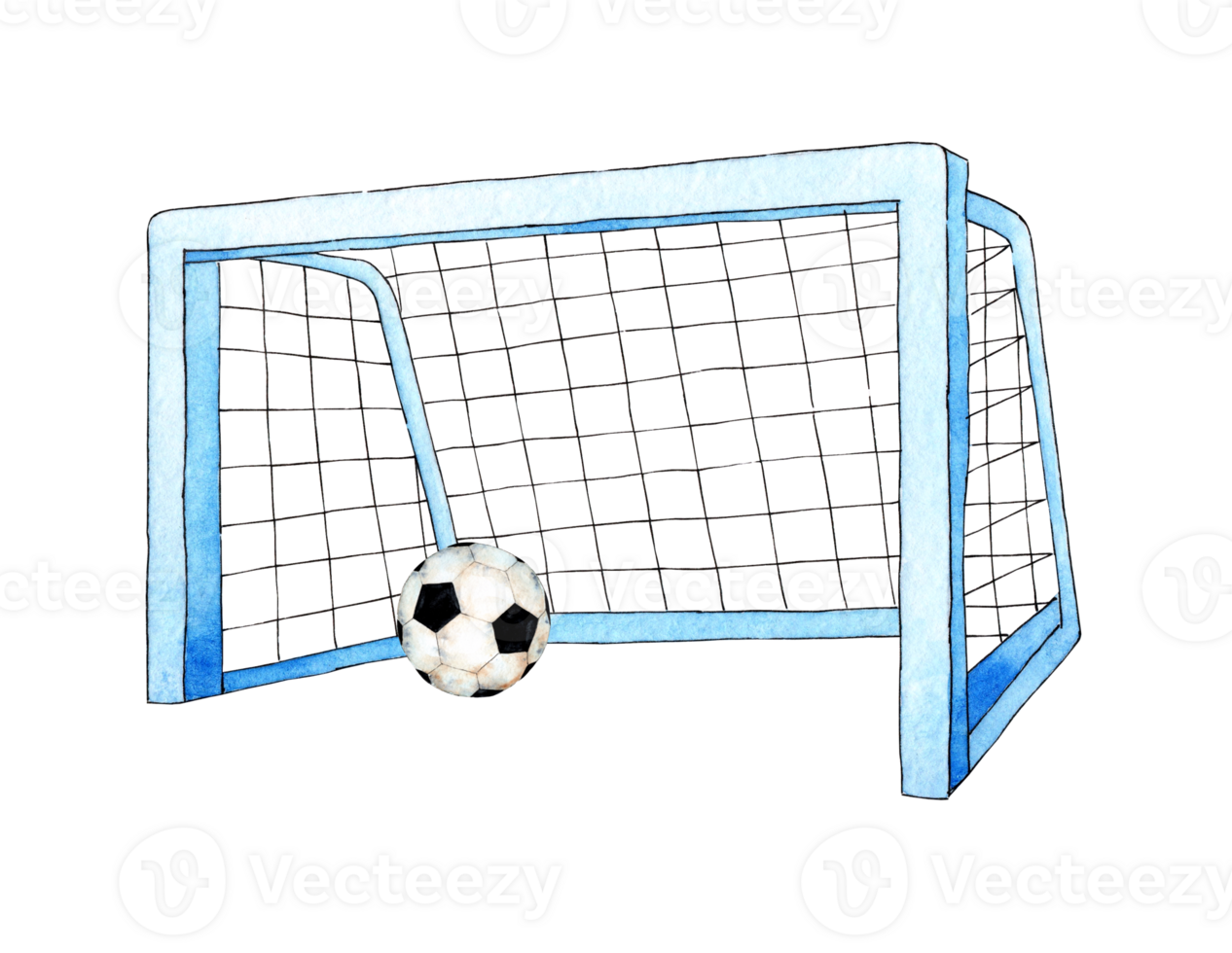 Watercolor illustrations of soccer goal and ball. Sports equipment, barbell, crossbar, net. Football championship goals and free kicks. Isolated. Drawn by hand. png