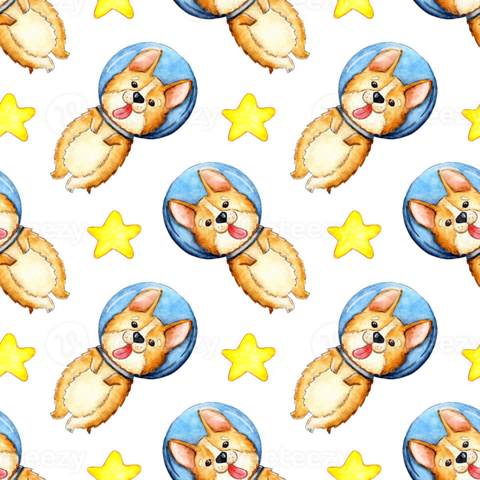 Watercolor illustration of a corgi pattern in space and stars. Seamless repeating pattern of astronaut dogs. Puppy in a spacesuit. Space adventure. Isolated . Drawn by hand. png