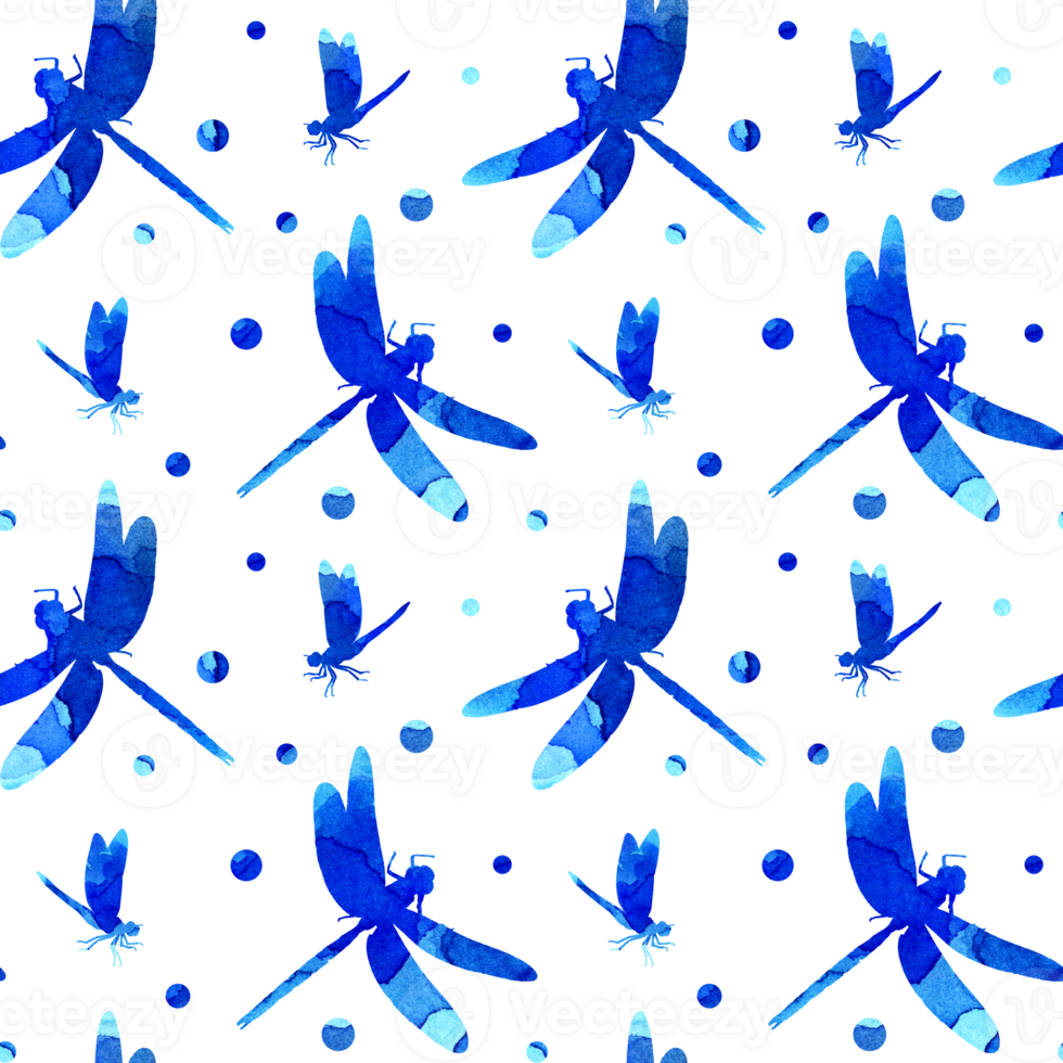 Watercolor illustration of a pattern of blue abstract dragonflies with circles. Seamless cute funny insect print. A winged insect with large eyes. Isolated. Drawn by hand. png