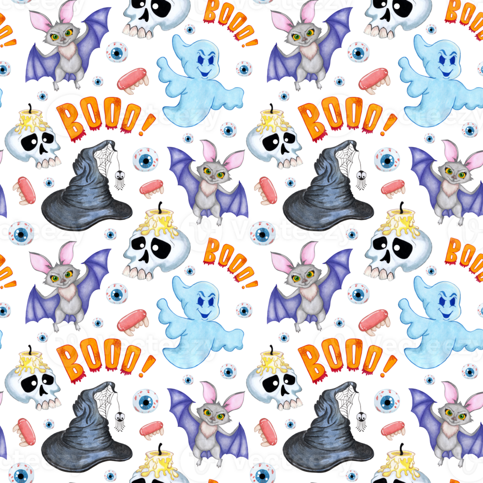 Watercolor illustration pattern for halloween. Seamless repeating print bat, skull with candle, ghost, boo, witch hat, eyes, teeth. Isolated. Drawn by hand. png