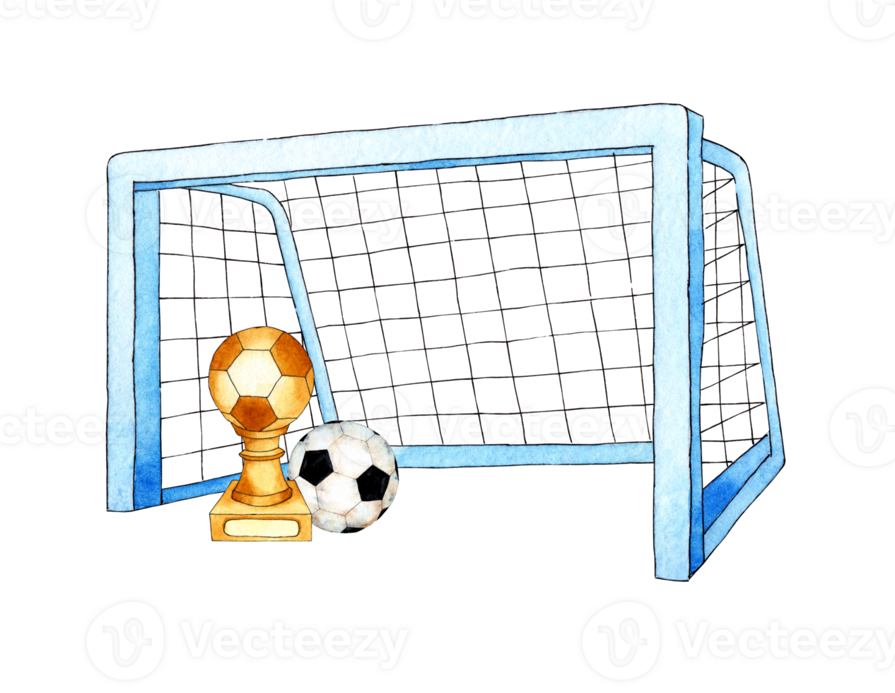 Set of watercolor illustrations of soccer goal, ball and cup. Sports equipment, barbell, crossbar, net. Football championship goals and free kicks. Isolated. Drawn by hand. png