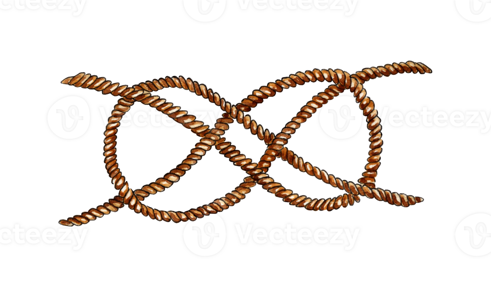 Watercolor illustration of a rope tied with a sea knot. Eight knot, tie together. Rope, wire rope, jute. Isolated. Drawn by hand. png