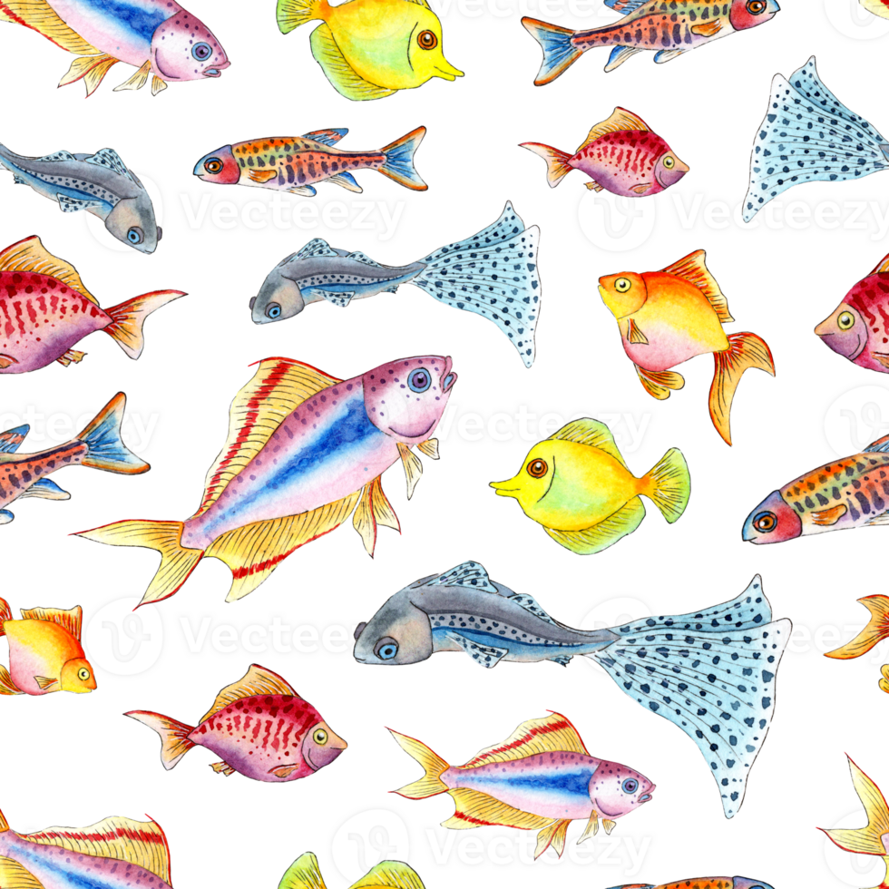 Watercolor illustration pattern small colorful aquarium fish. Seamless repeating marine life print. Isolated. Drawn by hand. png