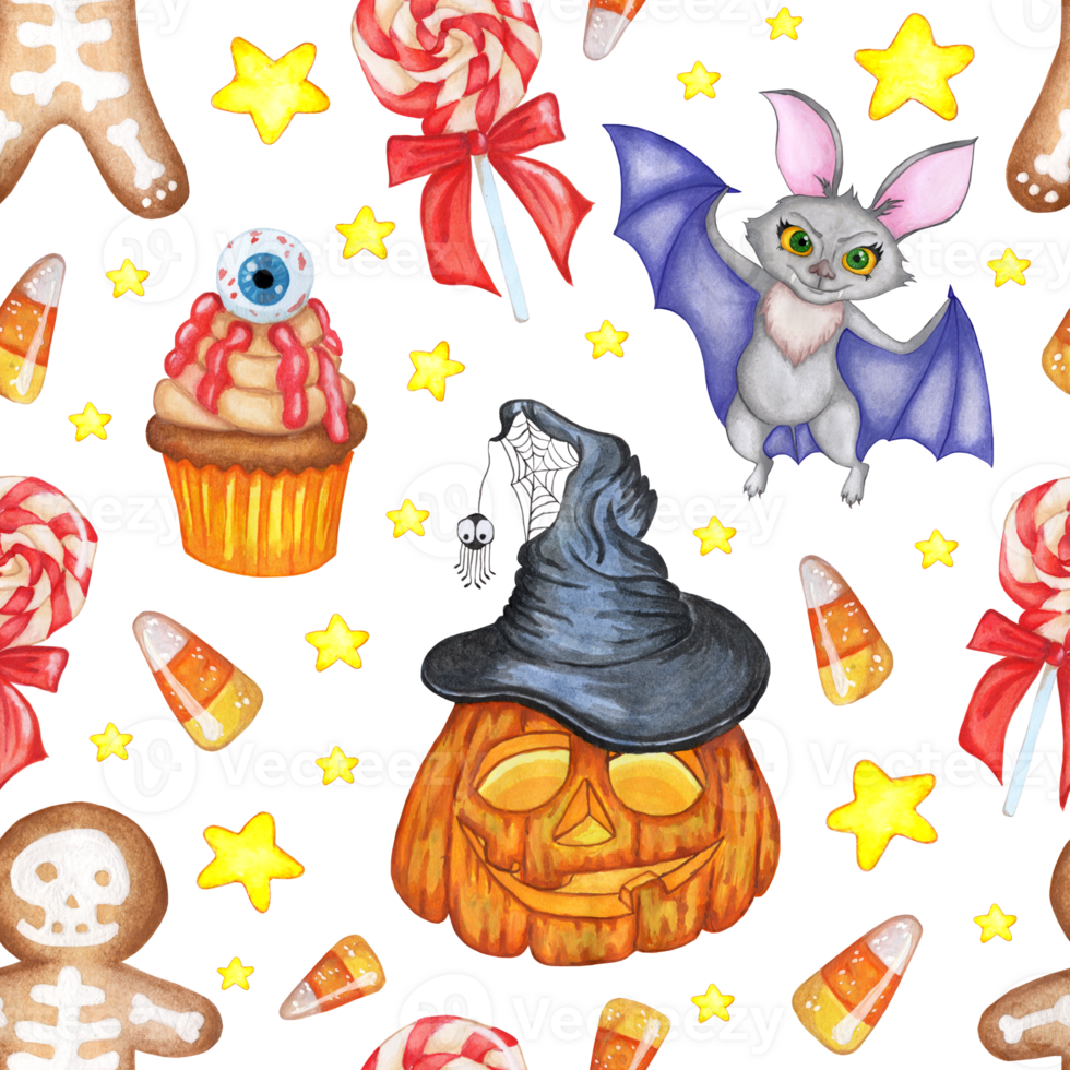 Watercolor illustration of a Halloween pattern. Seamless repeating print of pumpkin, bat, cookie, lollipop, stars, witch hat. All Saints' Day. Isolated png