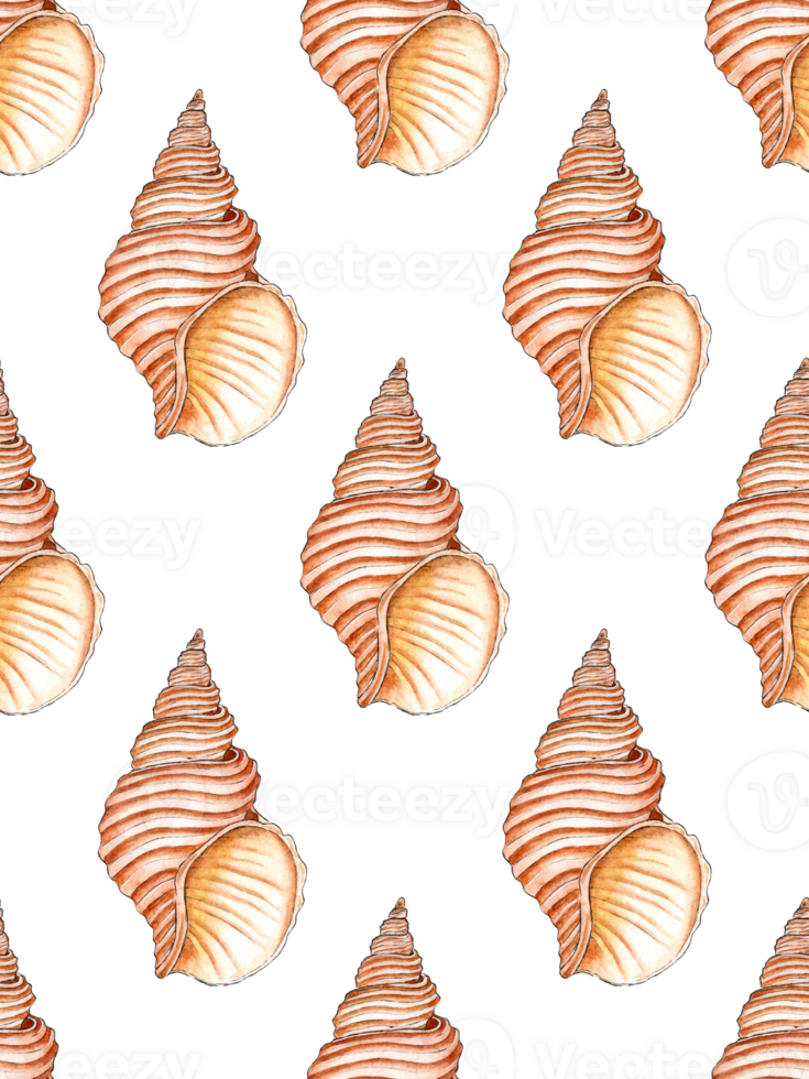 Watercolor illustration of a seamless pattern of marine spiral seashells in beige colors. Endlessly repeating marine background. Isolated. Drawn by hand. png