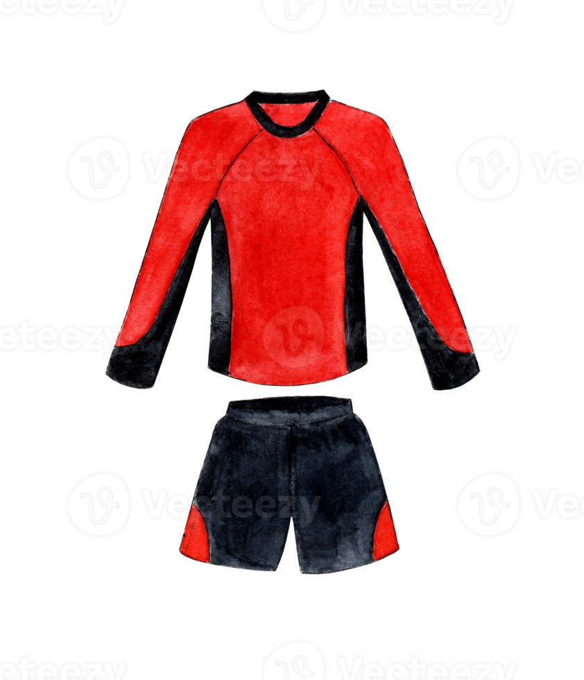 Watercolor illustration of a red and black long-sleeved soccer uniform. Sports T-shirt and shorts. The layout of the football club uniform. Isolated. Drawn by hand. png