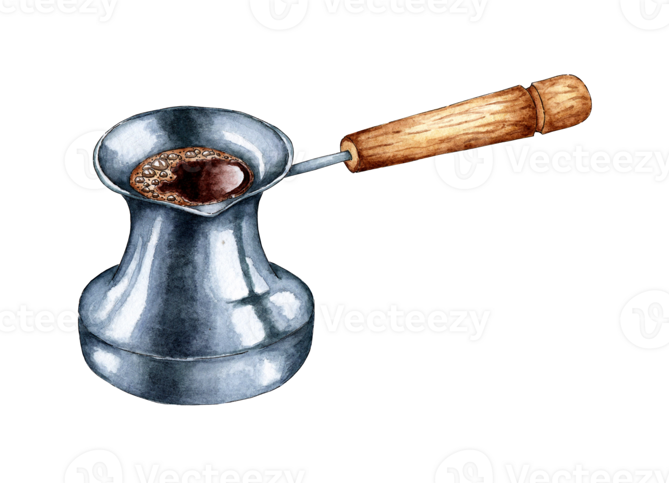 Watercolor illustration of a metal turk. Making coffee in a Turk. Moroccan coffee. Traditional Turkish coffee making machine. Turkish turk hot drink. Cafe menu isolated png