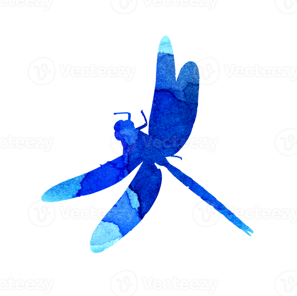 Watercolor illustration of a blue abstract dragonfly with paint stripes. Cute funny insect print. A winged insect with large eyes. Isolated. Drawn by hand. png