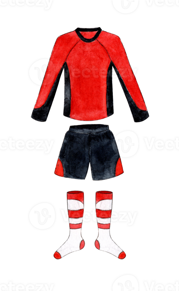 Watercolor illustrations of red and black long sleeved soccer jersey with knee-highs. Sports T-shirt, shorts and leggings. The layout of the form of a football club. Isolated. Drawn by hand. png