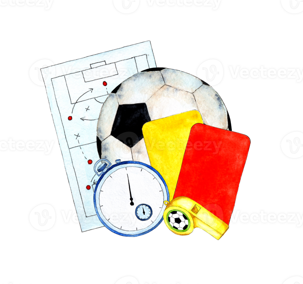 Watercolor illustration of soccer attributes. Tactic board, ball, stopwatch, cards and whistle. Football referee set. Isolated. Drawn by hand. png