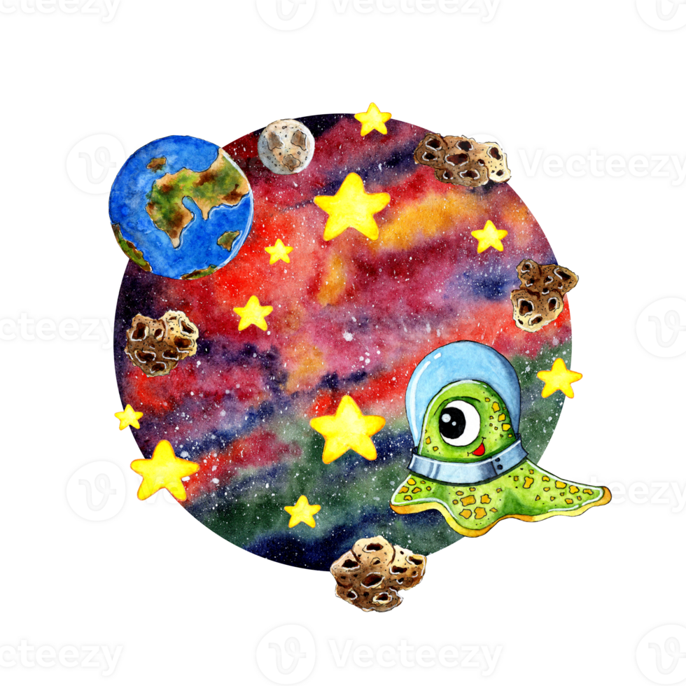 Watercolor illustration of a cute little alien looking at the earth from space. A green alien in a spacesuit looks at the stars. Beautiful space background for print. Isolated. Drawn by hand. png