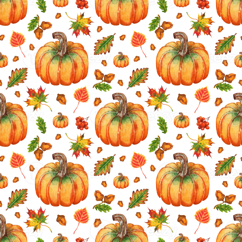 Watercolor illustration of autumn leaves, acorns and pumpkins. Seamless repeating harvest festival print. Thanksgiving and Halloween. Isolated. Drawn by hand. png