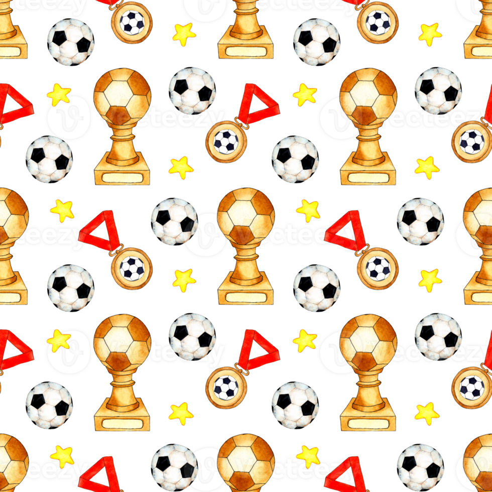 Watercolor illustration pattern of soccer ball, cups, medals and stars. Seamless sports repeating print suitable for wallpapers, covers, wrappers, packaging, fabrics. Isolated png