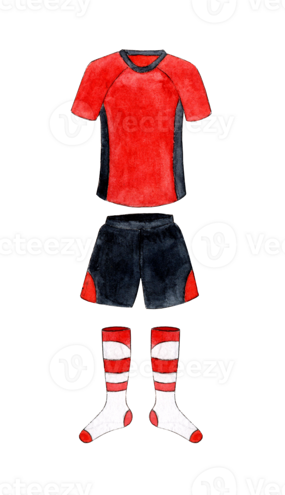Watercolor illustration of a red and black soccer uniform with leggings. Sports T-shirt and shorts, knee-highs. The layout of the football club uniform. Isolated. Drawn by hand. png