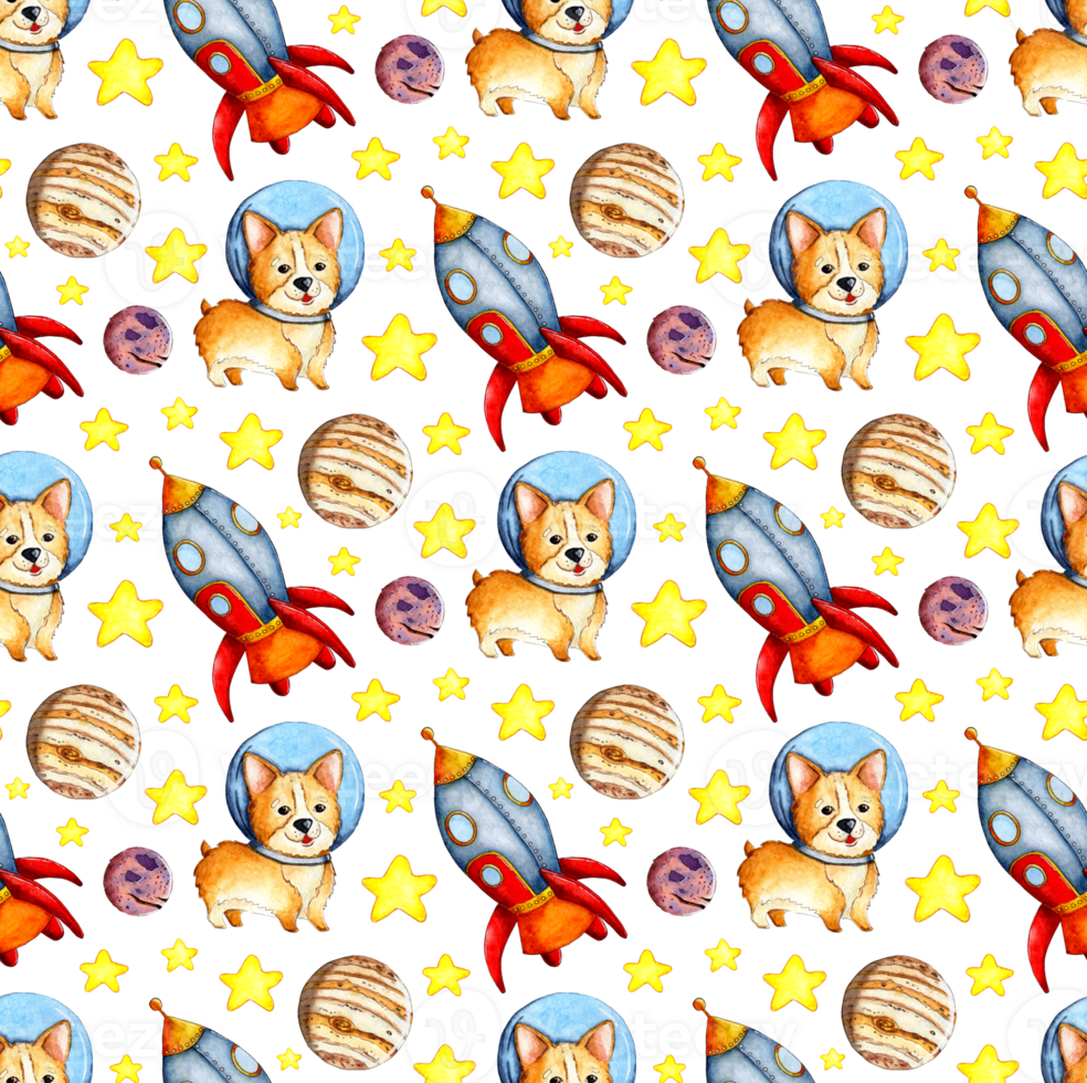 Watercolor illustration of a corgi pattern in space, planets, rocket and stars. Seamless repeating pattern of astronaut dogs. Puppy in a spacesuit. Isolated. Drawn by hand. png